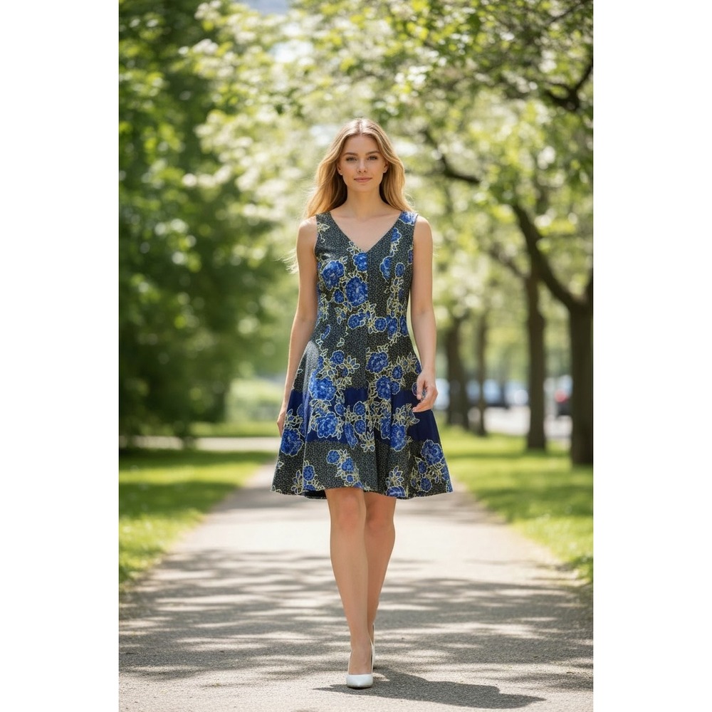 Julian Taylor Fit Flare Dress Womens 14 Blue‎ Yellow Floral Mesh Back Party 2170